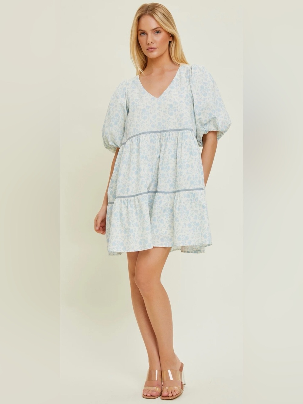 Light Blue Floral V-Neck Puff Sleeve Mini Dress by